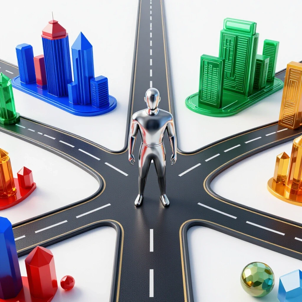 Glossy metallic figure at a crossroads with vibrant paths leading to distinct colorful career landscapes