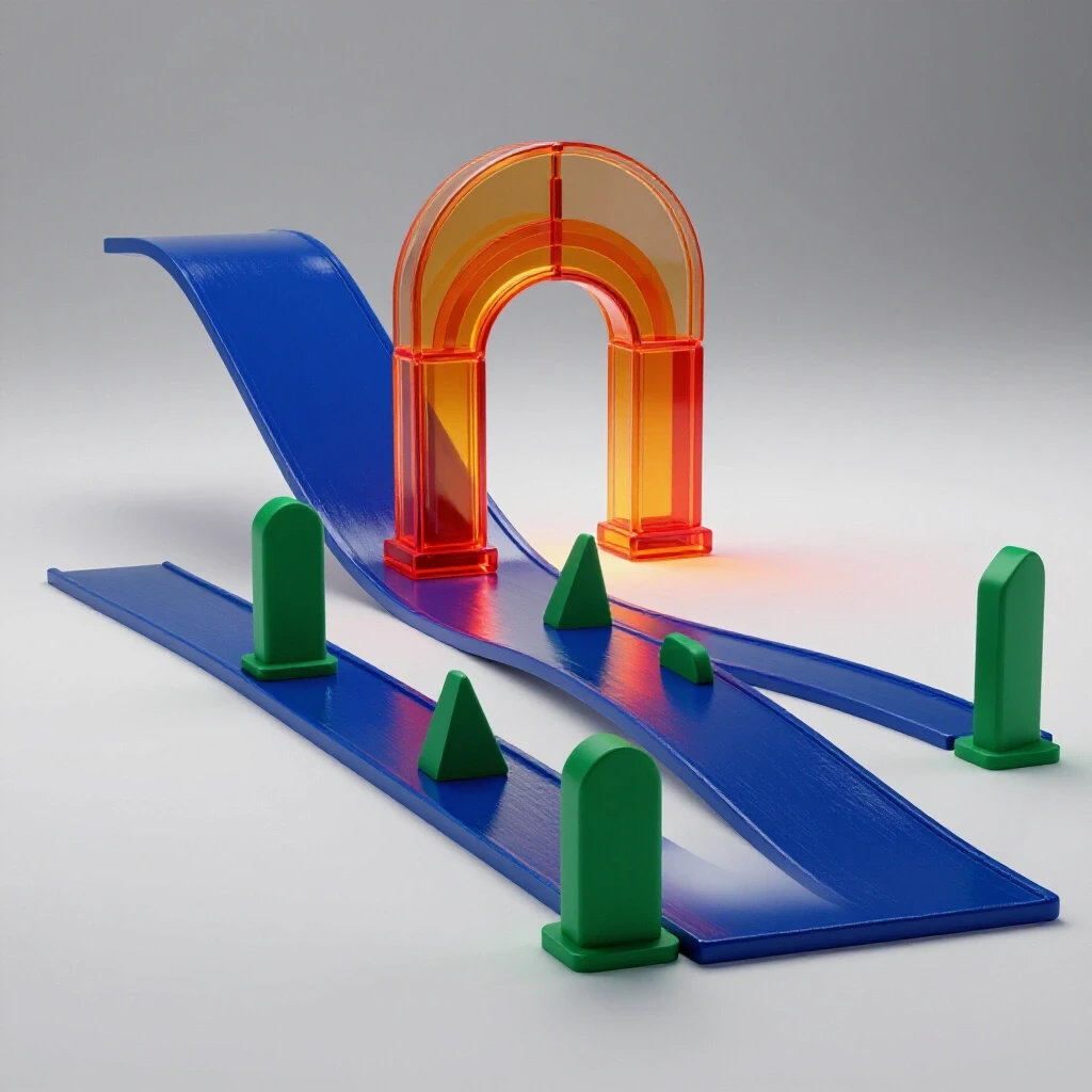 Split pathways with bold colored milestone markers leading to a radiant graduation arch on a bright background
