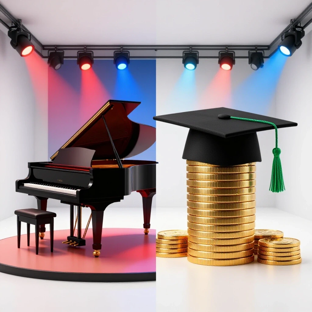 Split scene with a glossy piano under stage lights opposite a stack of gold coins and a graduation cap, set on a bright white background.