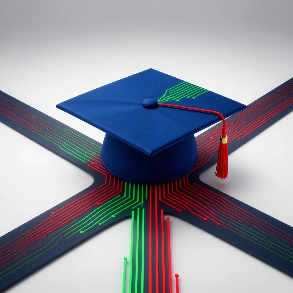 A vibrant graduation cap morphs into colorful digital circuit lines on a bright clean background, symbolizing nanodegree pathways.