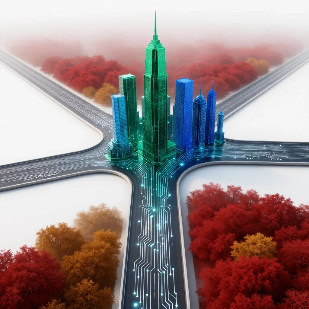 A dramatic crossroads with one path paved in shimmering nano-circuitry leading to a futuristic city, and the other fading into fog, illustrating the career choice in nanotechnology.