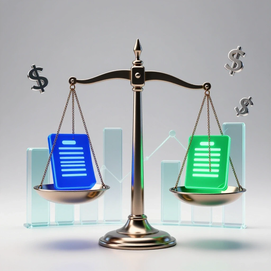 A balanced scale with two glowing offer letters and abstract charts, set against a bright white background.