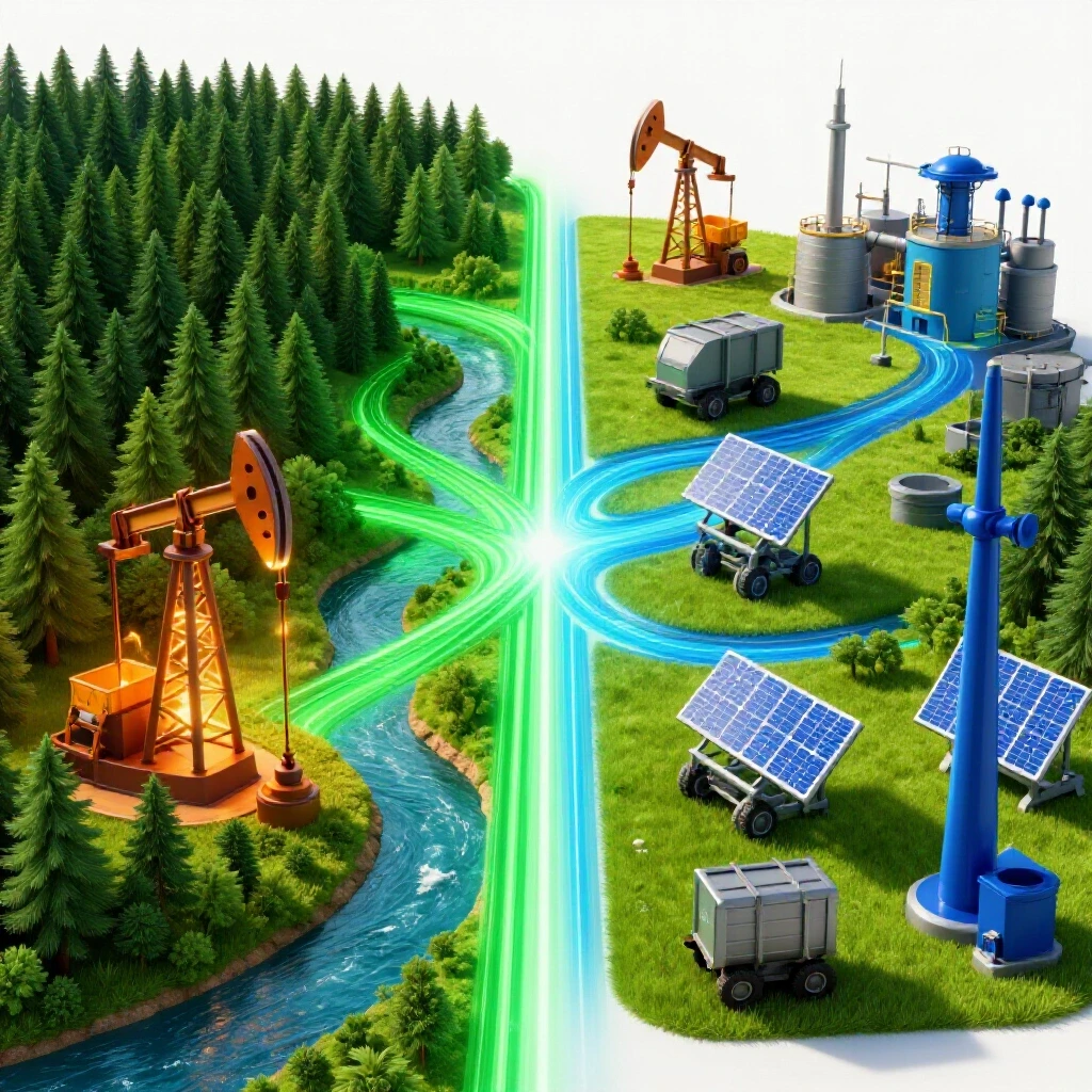 Vibrant 3D scene contrasting lush natural landscapes with bold resource industry icons, linked by energy streams.
