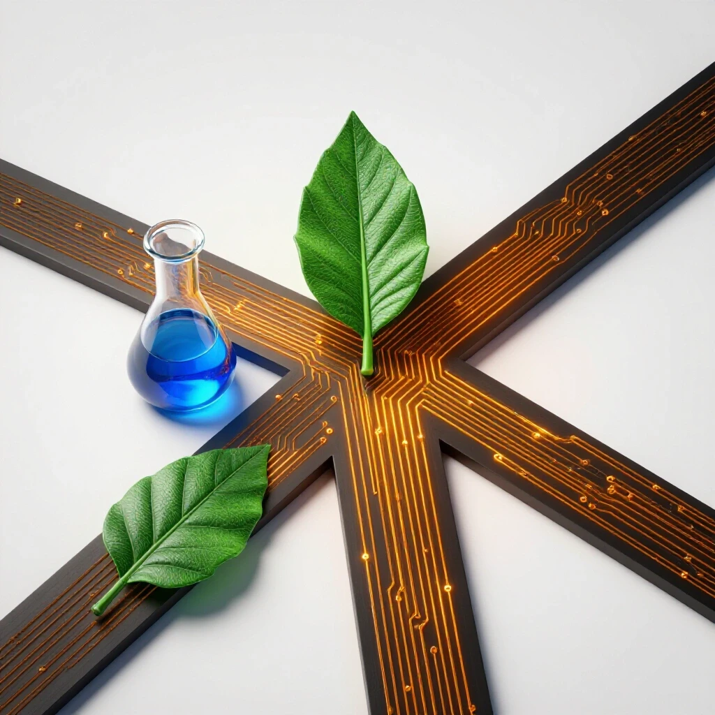 Colorful crossroads with science symbols like lab flask, green leaf, and circuit board on a bright background