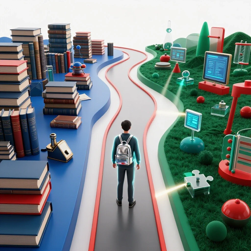 A central winding path crossing between two vibrant academic landscapes with a determined student mid-journey, obstacles, and guiding lights illustrating transfer challenges.