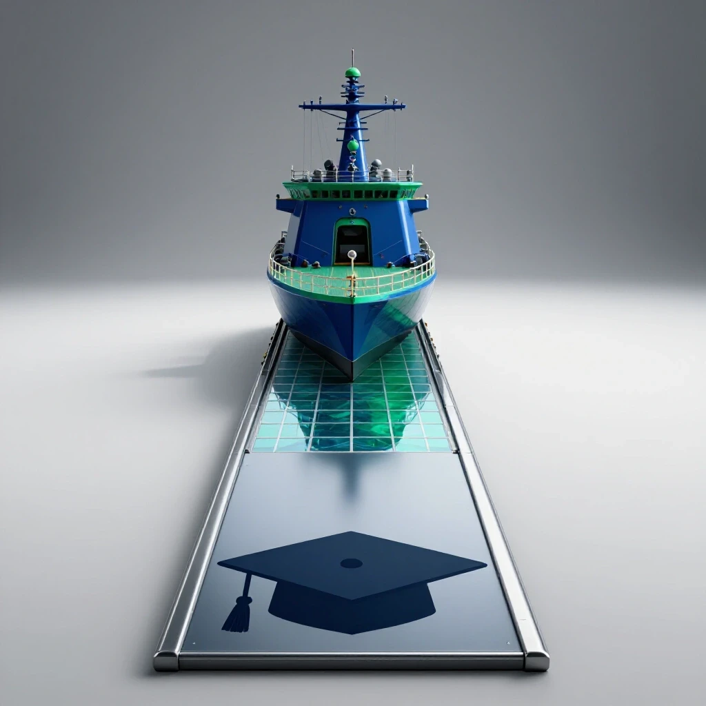 Gangway morphing from graduation cap to futuristic navy ship on bright white background, symbolizing academic advancement
