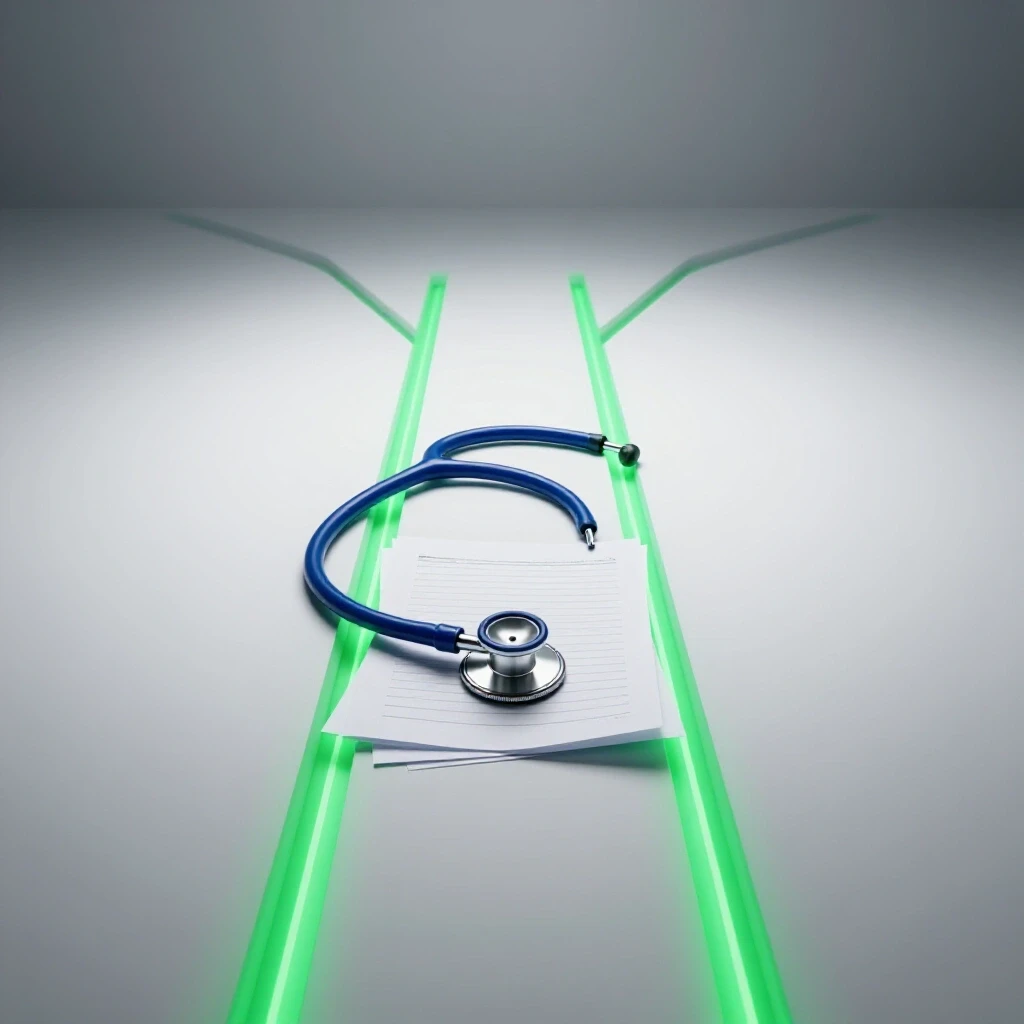 A glowing stethoscope and exam papers at a crossroads, with bright pathways and shadowy uncertainties behind.