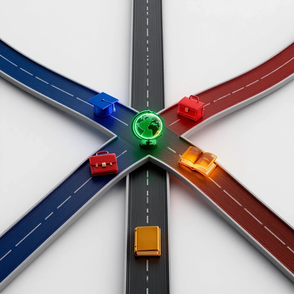 A vibrant crossroads with glowing icons for career and education paths on a bright white background.