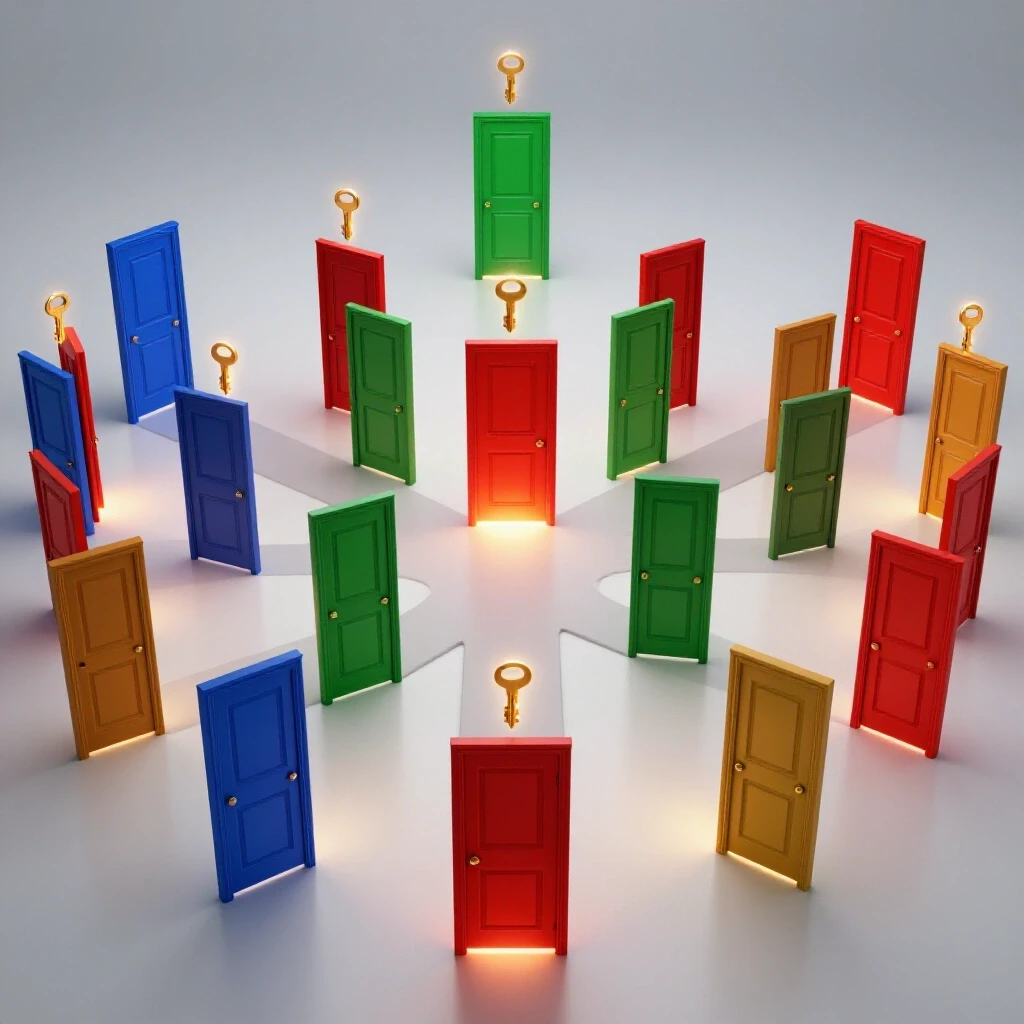 A crossroads with vibrant, colored doors emitting golden light, each door topped with a glowing metallic key.