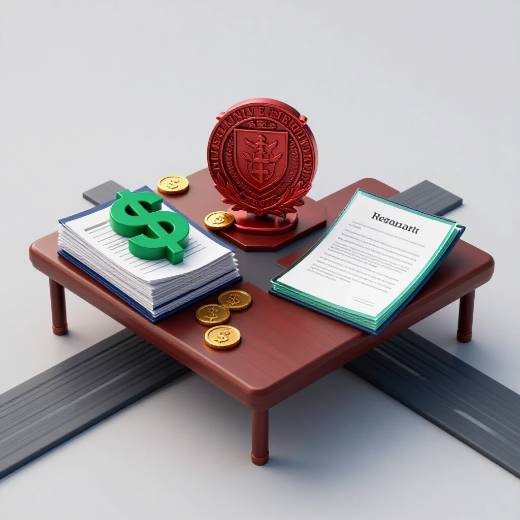 Crossroads table displaying academic documents and financial symbols opposite a university crest amid a bright, clean background.