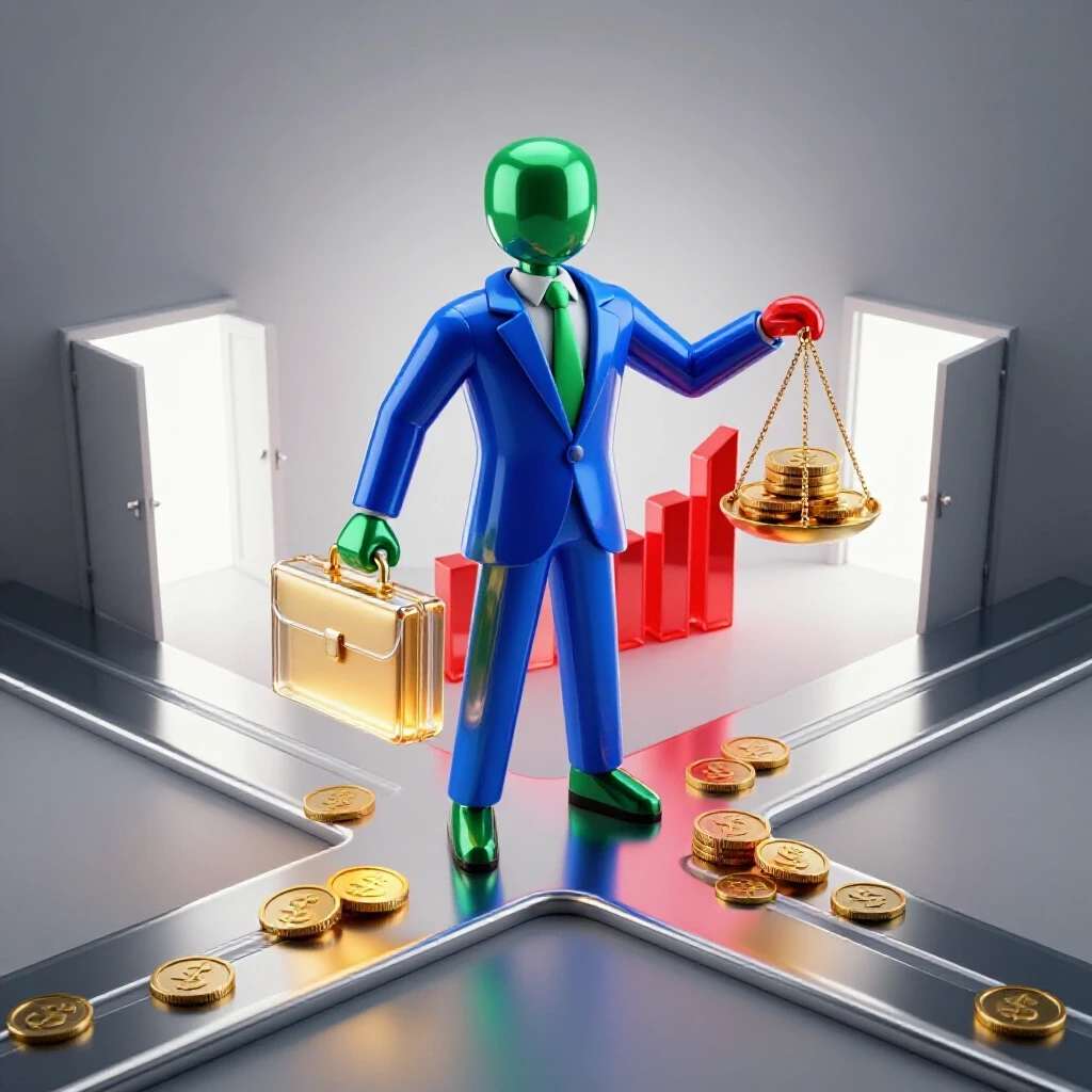 Central crossroads scene with a figure holding a glowing briefcase and weighing coins against a rising bar graph, open office doors in the background symbolizing negotiation opportunities.