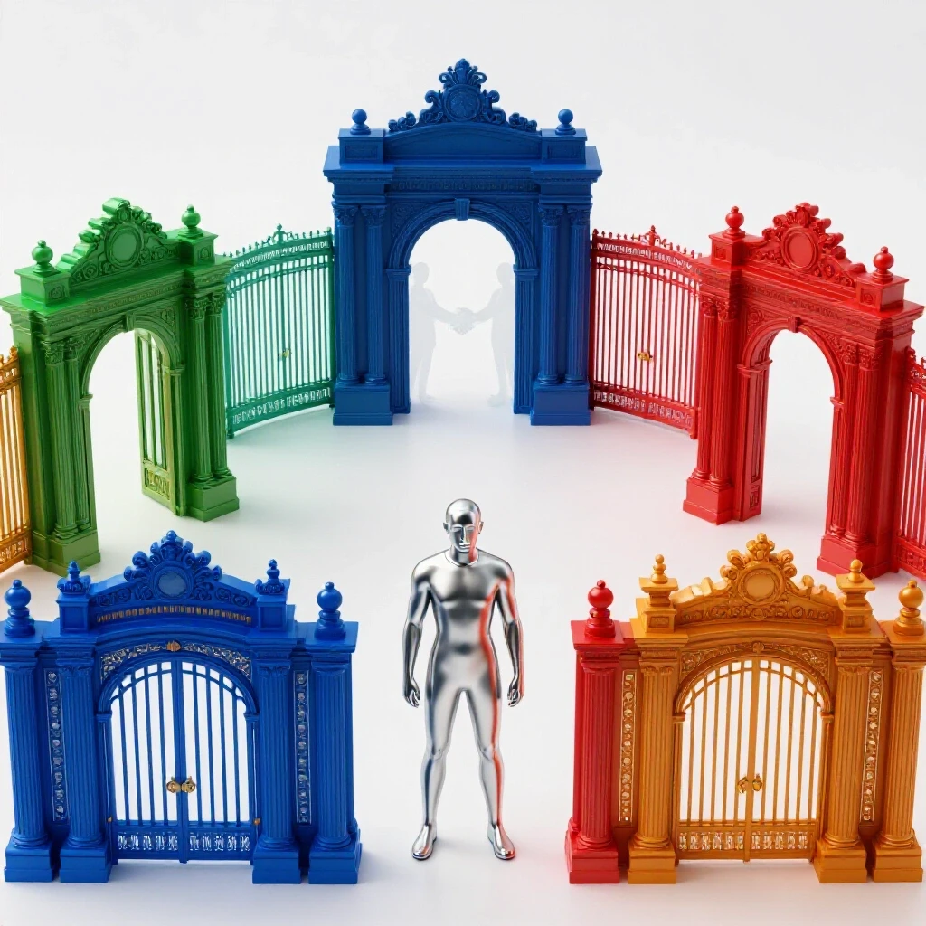 A crossroads with colorful university gates and handshake silhouettes, symbolizing master's offer negotiation.