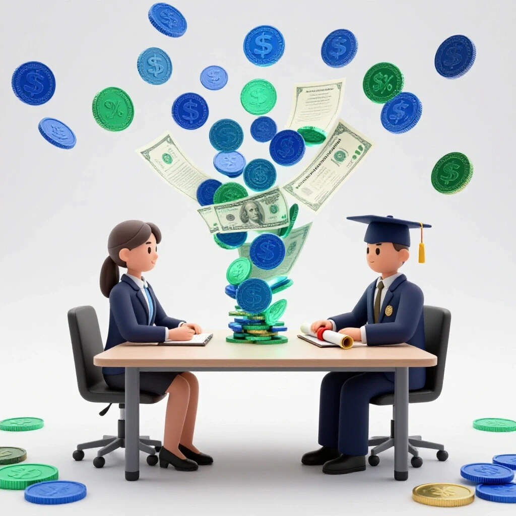 Negotiation table with a student and university symbols bridged by vibrant currency and scholarships.