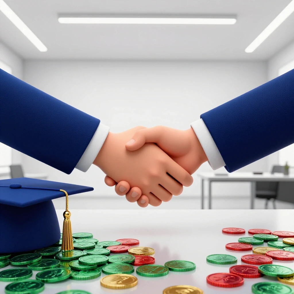 Handshake across a desk stacked with graduation caps and coins, symbolizing master's tuition negotiation.