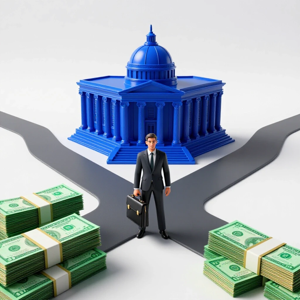 A briefcase at a crossroads with a blue courthouse on one path and stacked green cash on the other, both illuminated.