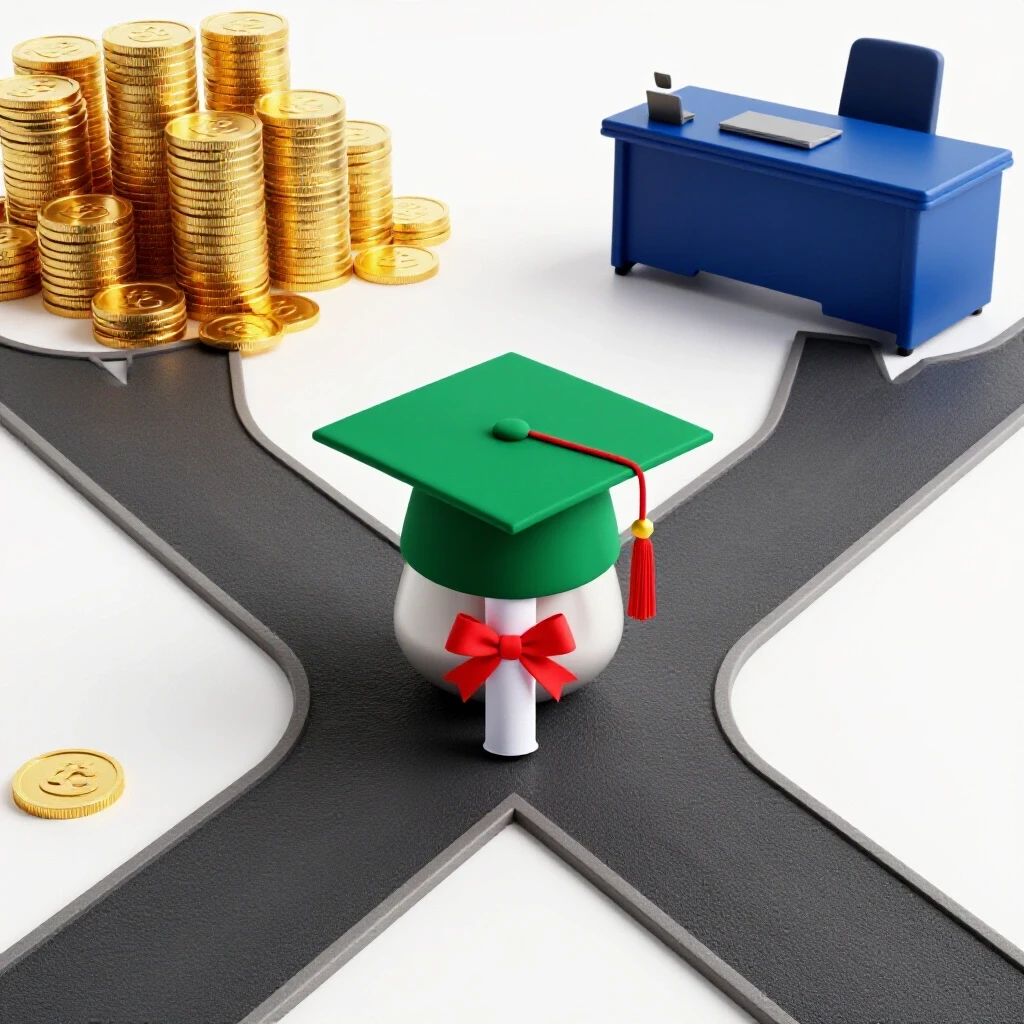 Graduation cap and master’s degree diploma at a crossroads with paths leading to glowing gold coins and an office desk