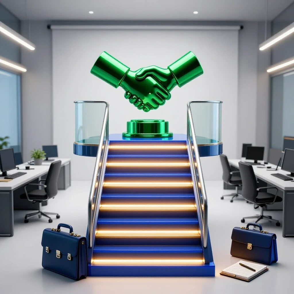 Glossy steps with illuminated treads rise from office tools to a glowing handshake sculpture in a bright office setting.