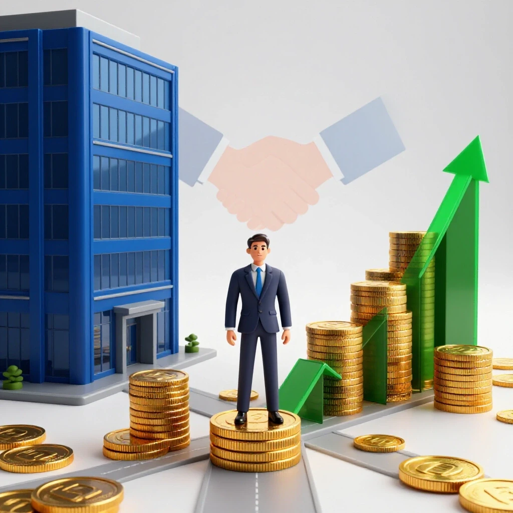 Stylized professional at crossroads of corporate office and rising gold coin graph, handshake motif in background