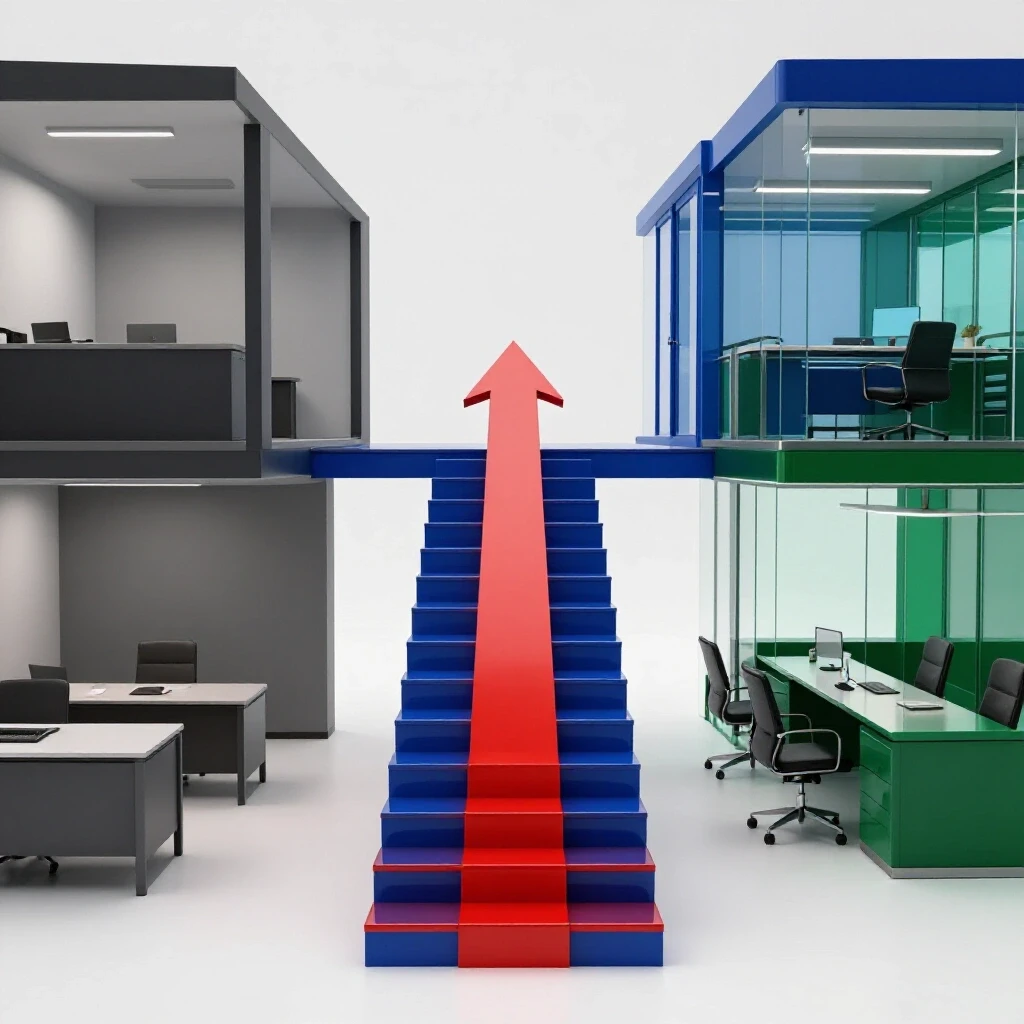 Glossy ascending steps with a rising arrow connect a modest office to a premium space symbolizing career advancement.