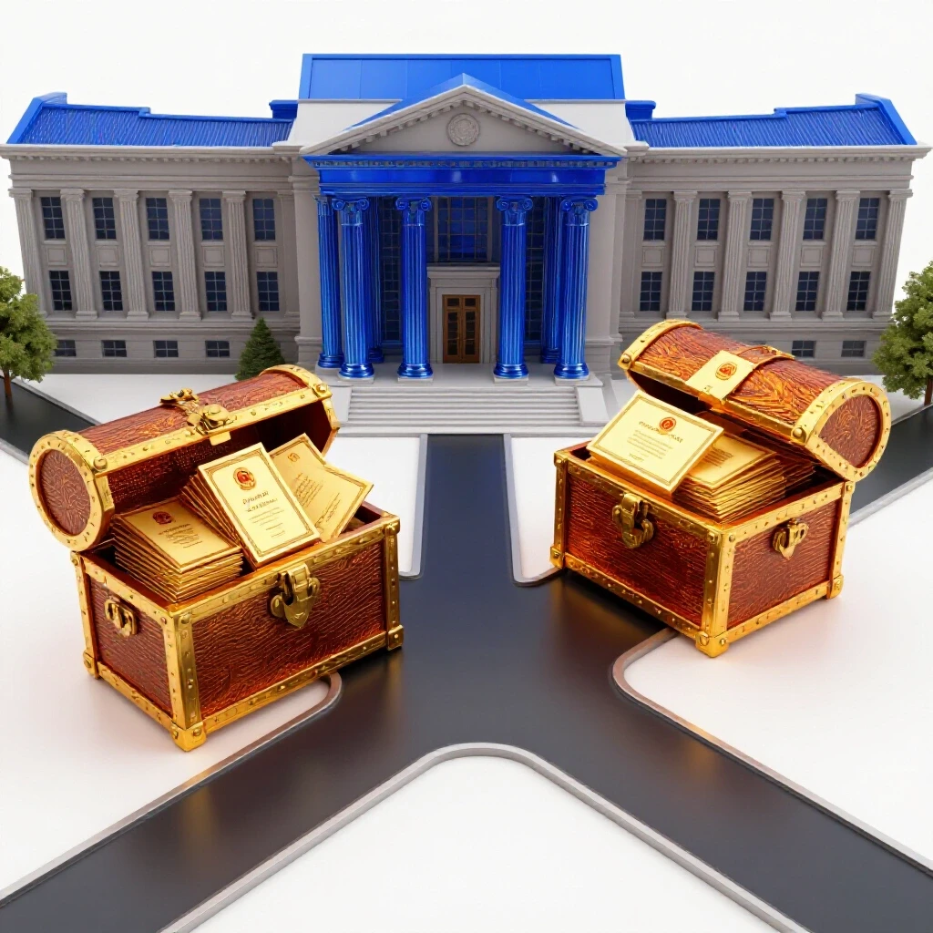 A crossroads between a classic academic building and a treasure chest filled with golden scholarship certificates.