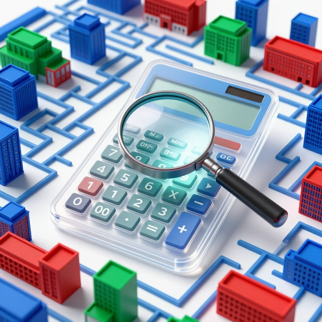 A semi-transparent calculator overlays a vibrant maze of college buildings under a magnifying glass, symbolizing exploring true college costs.