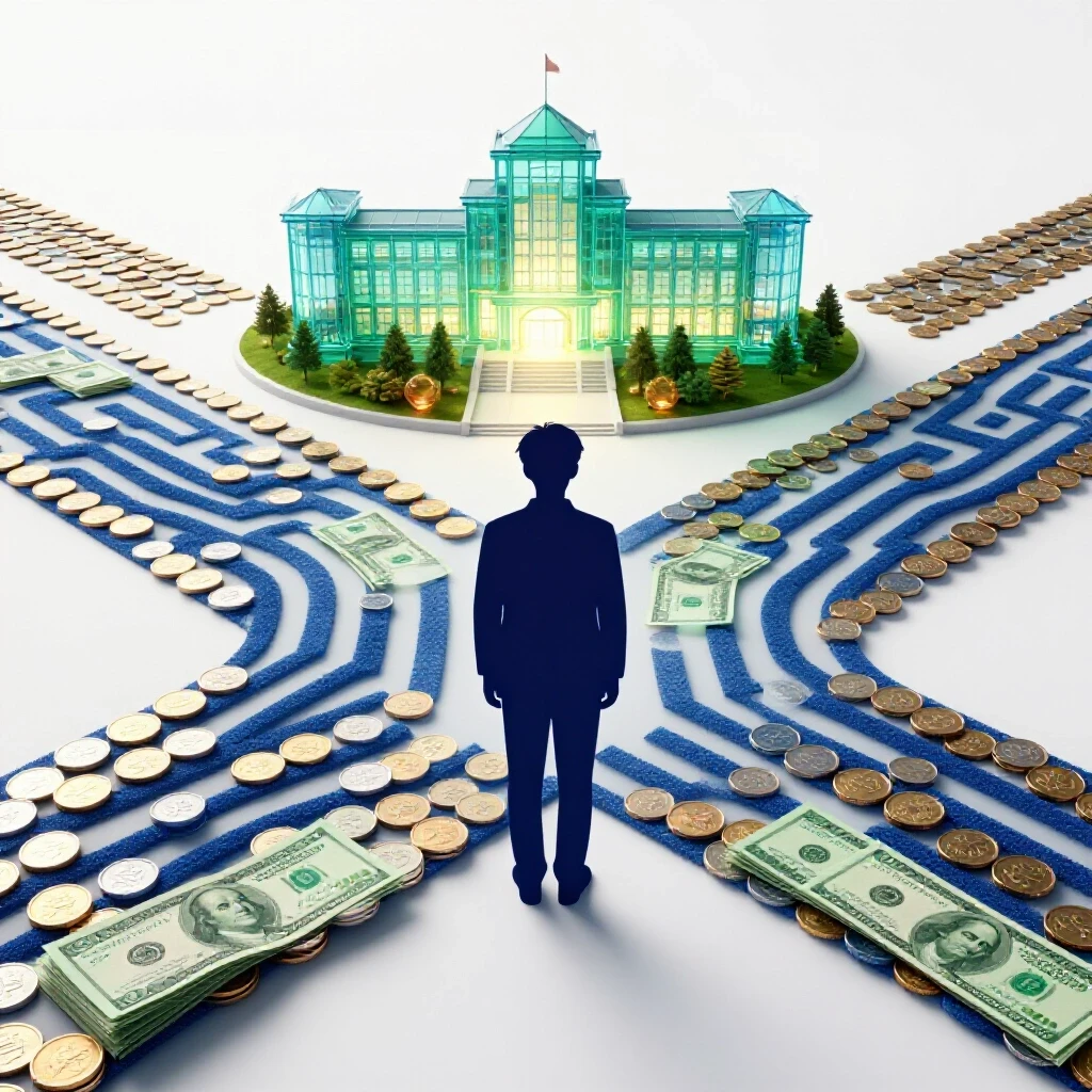 A student-shaped figure stands at a crossroads with maze-like coins and bills leading to a glowing college campus.