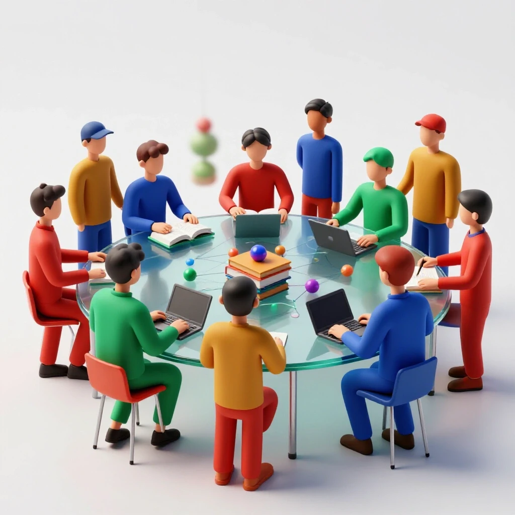 Vivid abstract student figures in rich colors exchange ideas around a sleek table, symbolizing authentic networking.