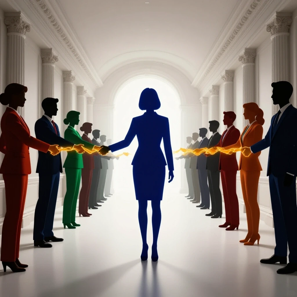 Confident law student silhouette in a grand hallway, surrounded by shadowy figures connecting through handshakes, symbolizing networking and career opportunities.