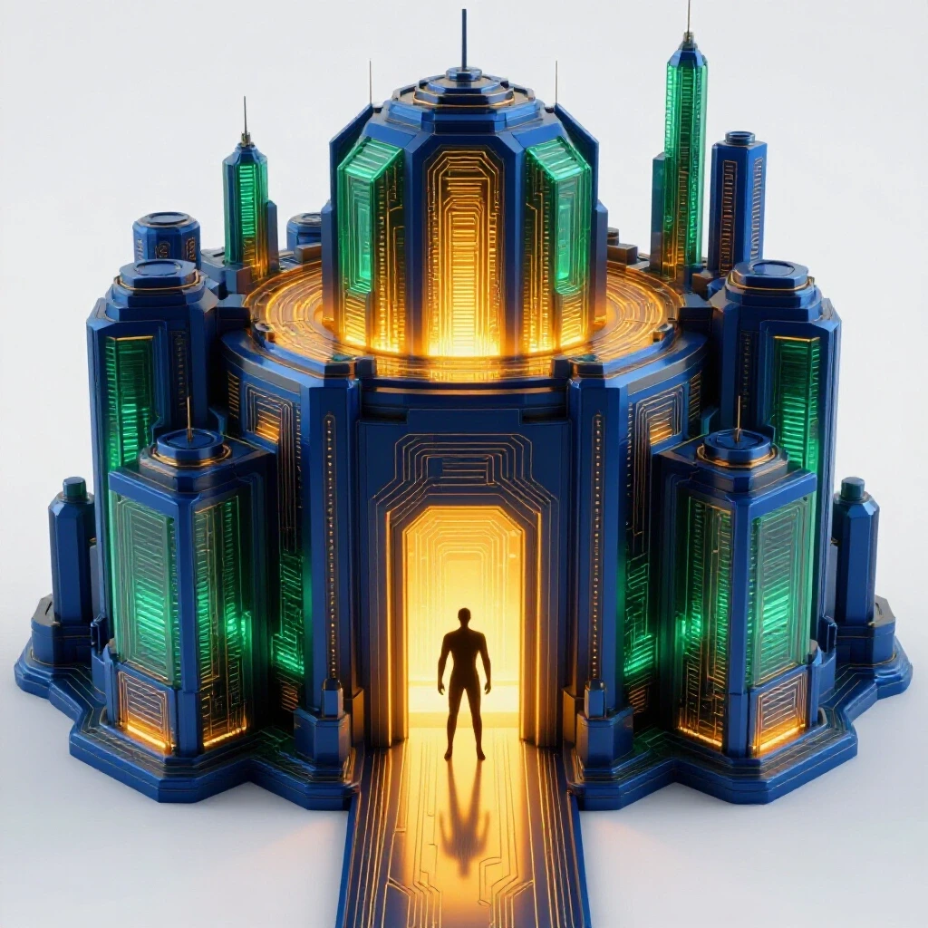 A digital fortress with glowing circuitry and a confident abstract figure at its entrance, set on a bright background.