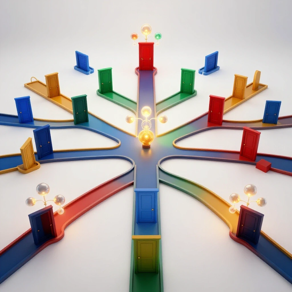 A central network of interlinked glowing pathways leads to colorful doorways, each symbolizing a distinct academic field, set against a bright white background.