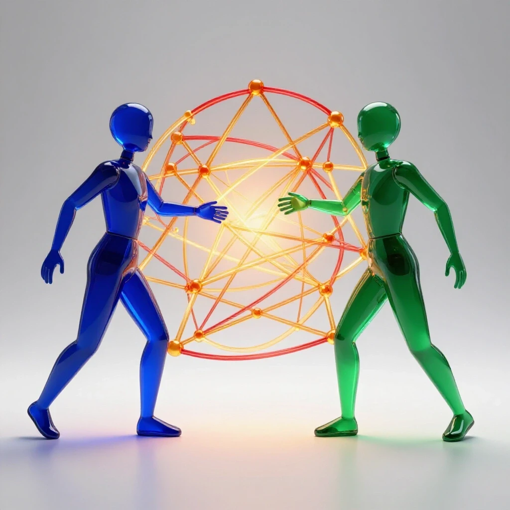 Two abstract glassy figures reaching across a bright, glowing web of connected nodes on a luminous white background.