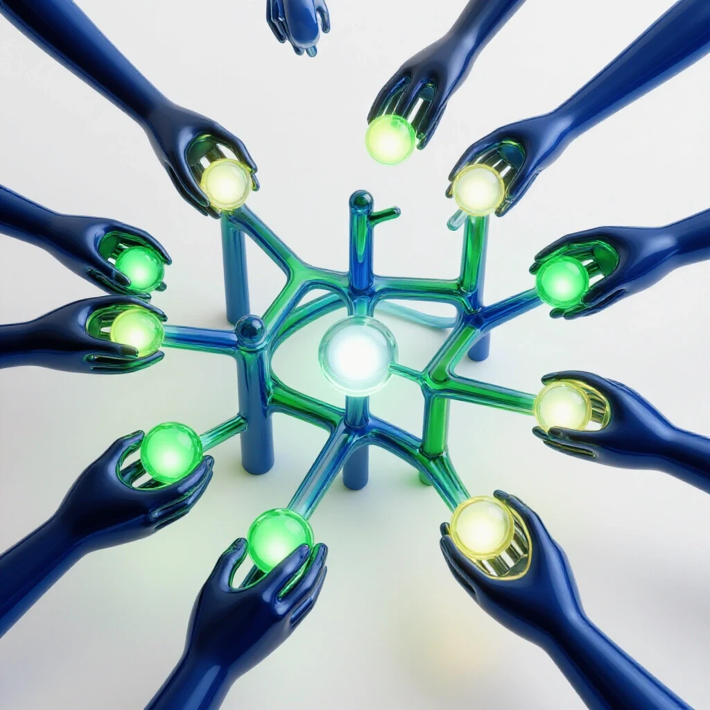 Abstract network of colorful hands passing glowing orbs along branching paths on a bright white background