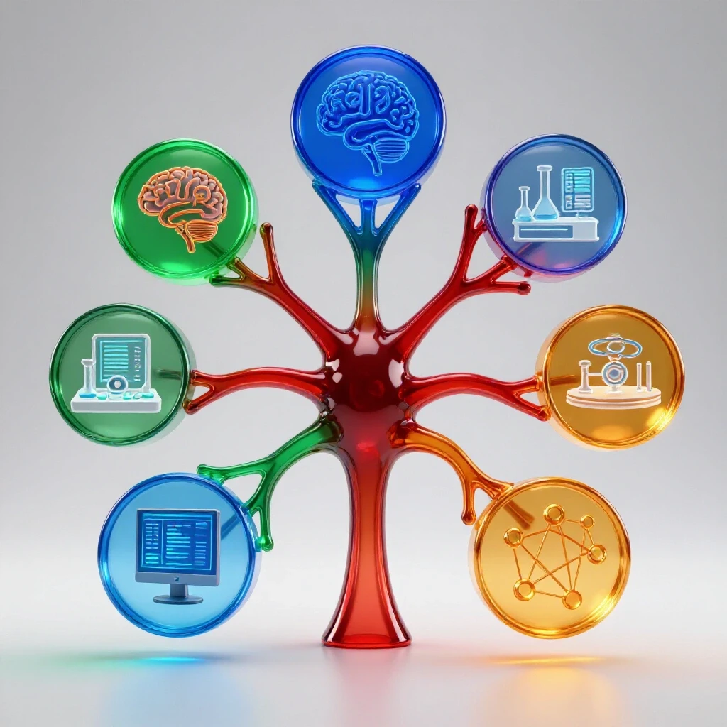 Glowing neural network branches transition into diverse, vibrant icons for futuristic neuroscience careers.