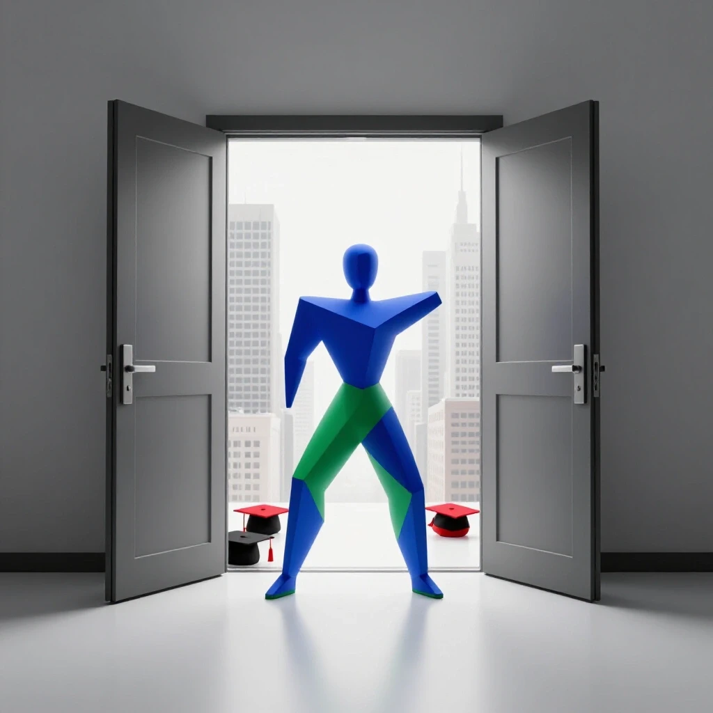 Abstract figure stands at an open door to a cityscape with graduation caps left behind on a bright floor.