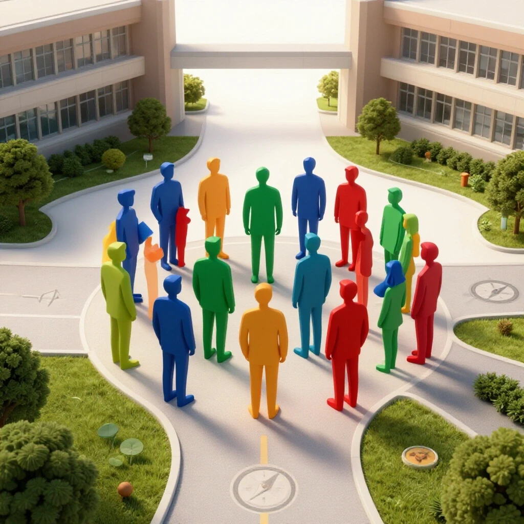 Vivid, abstract student figures stand before a branching campus pathway under bright studio lighting, symbolizing orientation.