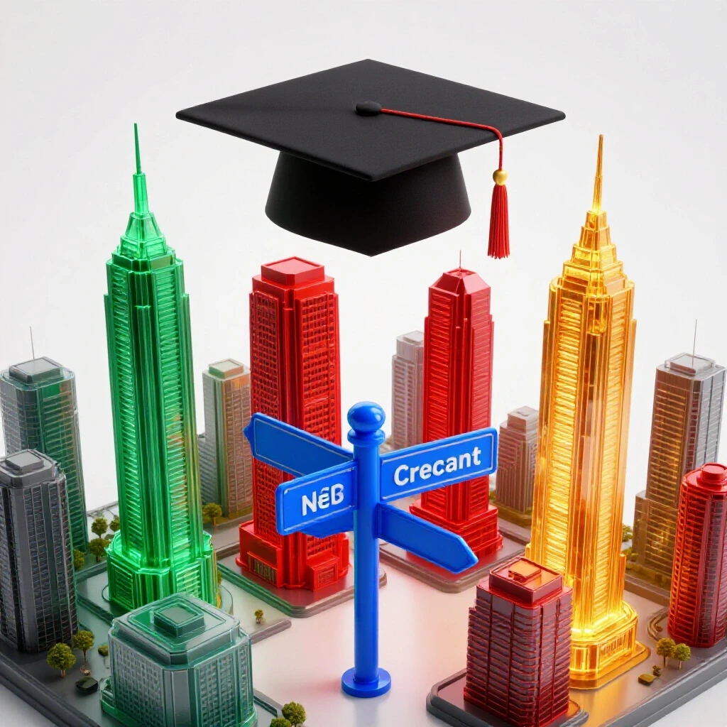 A graduation cap, diploma, and colorful crossroads signpost point toward futuristic glowing cityscapes on a bright white background.