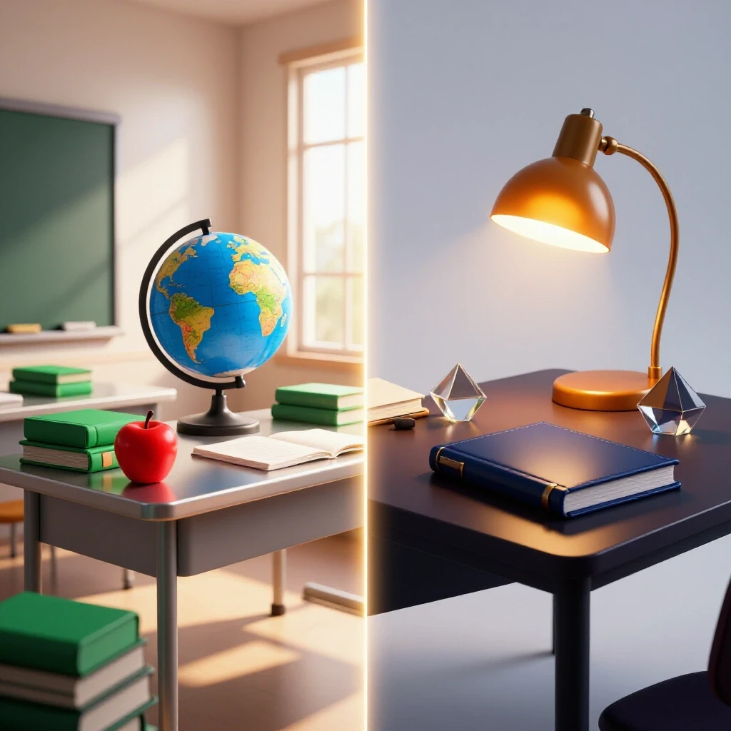 Vibrant split-scene of a sunlit classroom and a moonlit study desk, rich colors, bright background, no people.