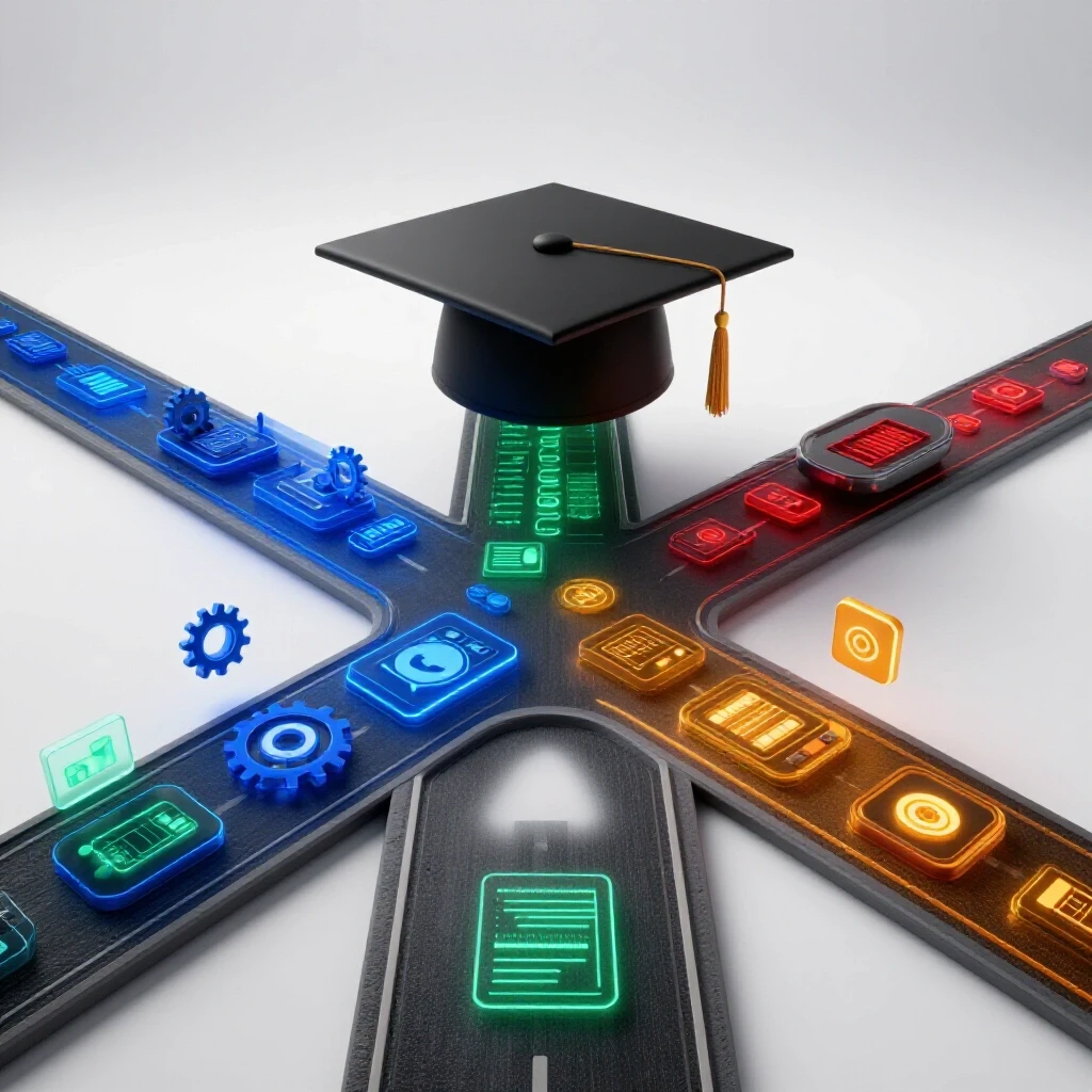 Vivid crossroads with glowing digital icons rising on one path, graduation cap blocking the other, set on a bright white background