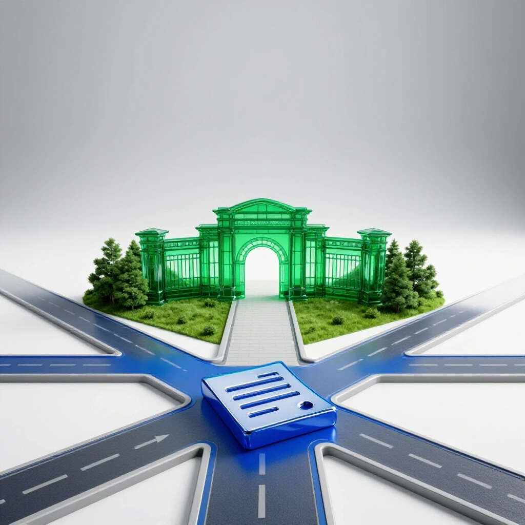 At a crossroads, one path is blocked by a bold test symbol while another leads to a vibrant, inviting university campus.