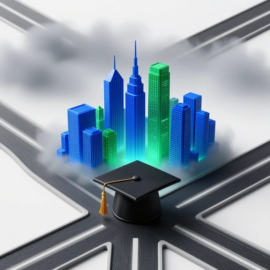 A lone graduate cap and gown at a crossroads with one path leading to a bright city, the other to misty uncertainty.