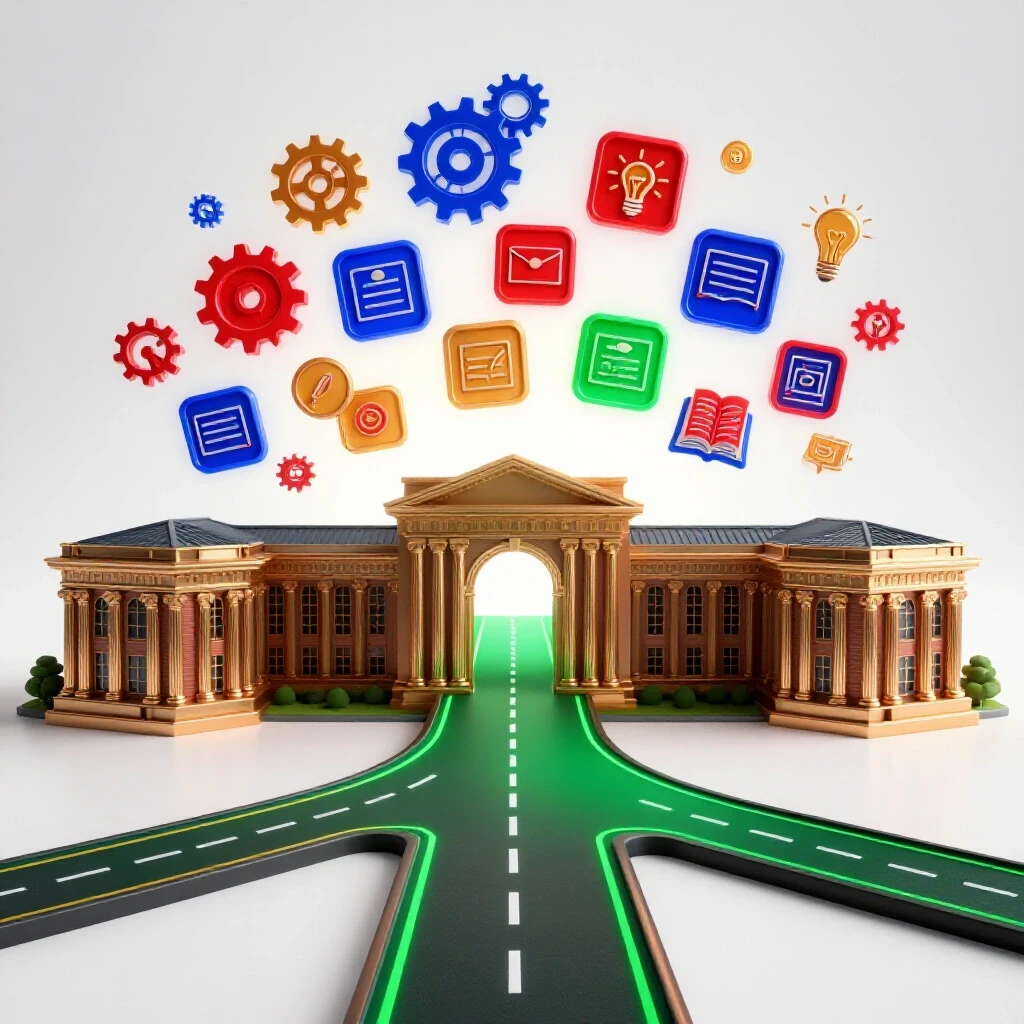 A vibrant road diverges from a classic academic building toward glowing icons of opportunities on a bright background.