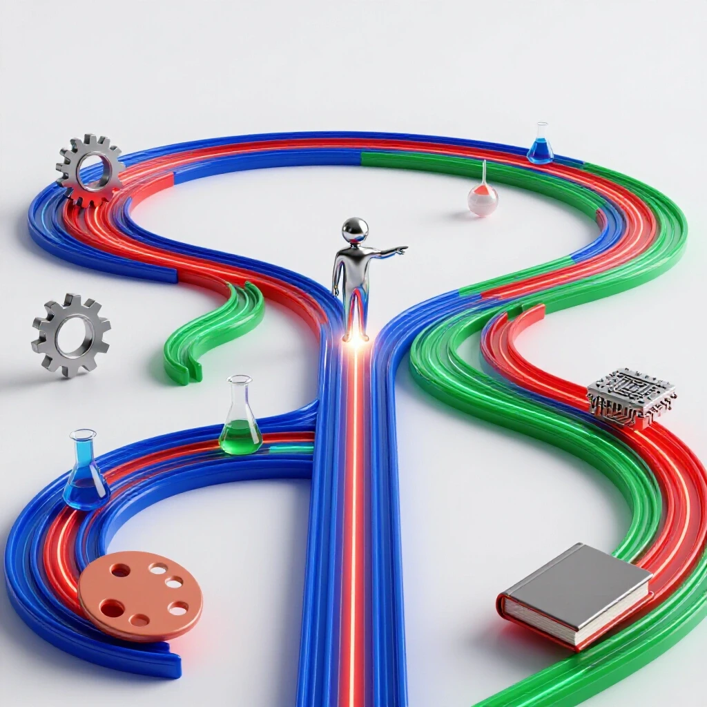 Glowing, branching data paths weave through a landscape of professional symbols with a central abstract figure choosing a route.