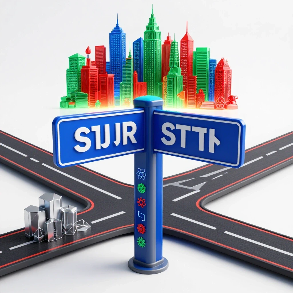 Bold crossroads sign between vibrant non-STEM career city and traditional STEM skyline on bright background.