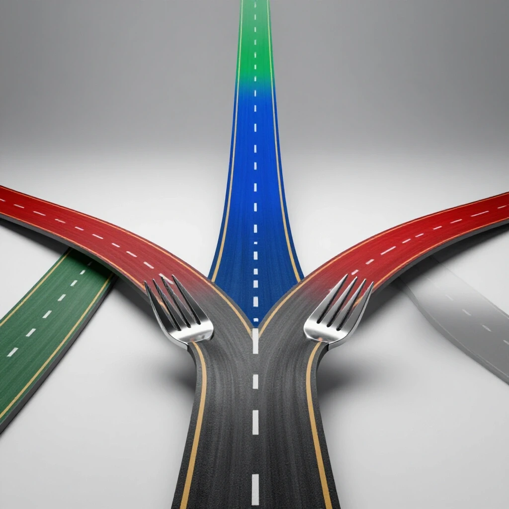 Glossy metallic forked road diverges into three vibrant paths, each leading to a different bright horizon, symbolizing diverse college alternatives.