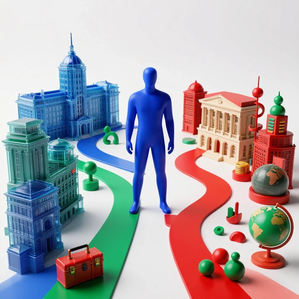 Abstract figure stands at crossroads between academic buildings and diverse, vibrant alternative pathways.