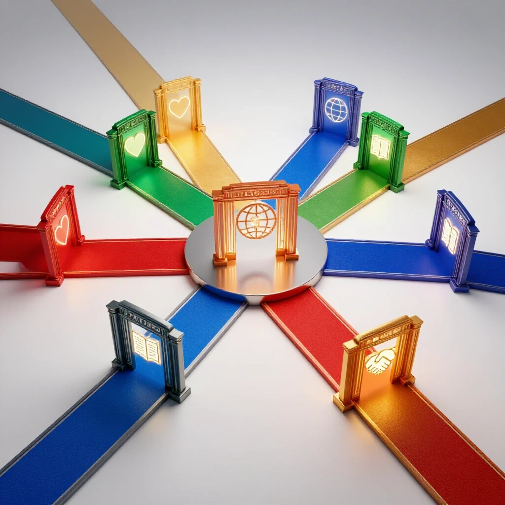 Four glowing, colored gates at a crossroads represent diverse nonprofit career credential choices