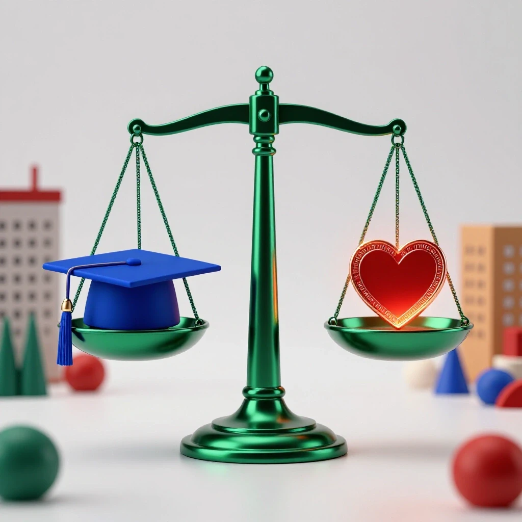 Balancing scale with a royal blue graduation cap on one side and glowing heart-shaped coin on the other, symbolizing weighing nonprofit career value.