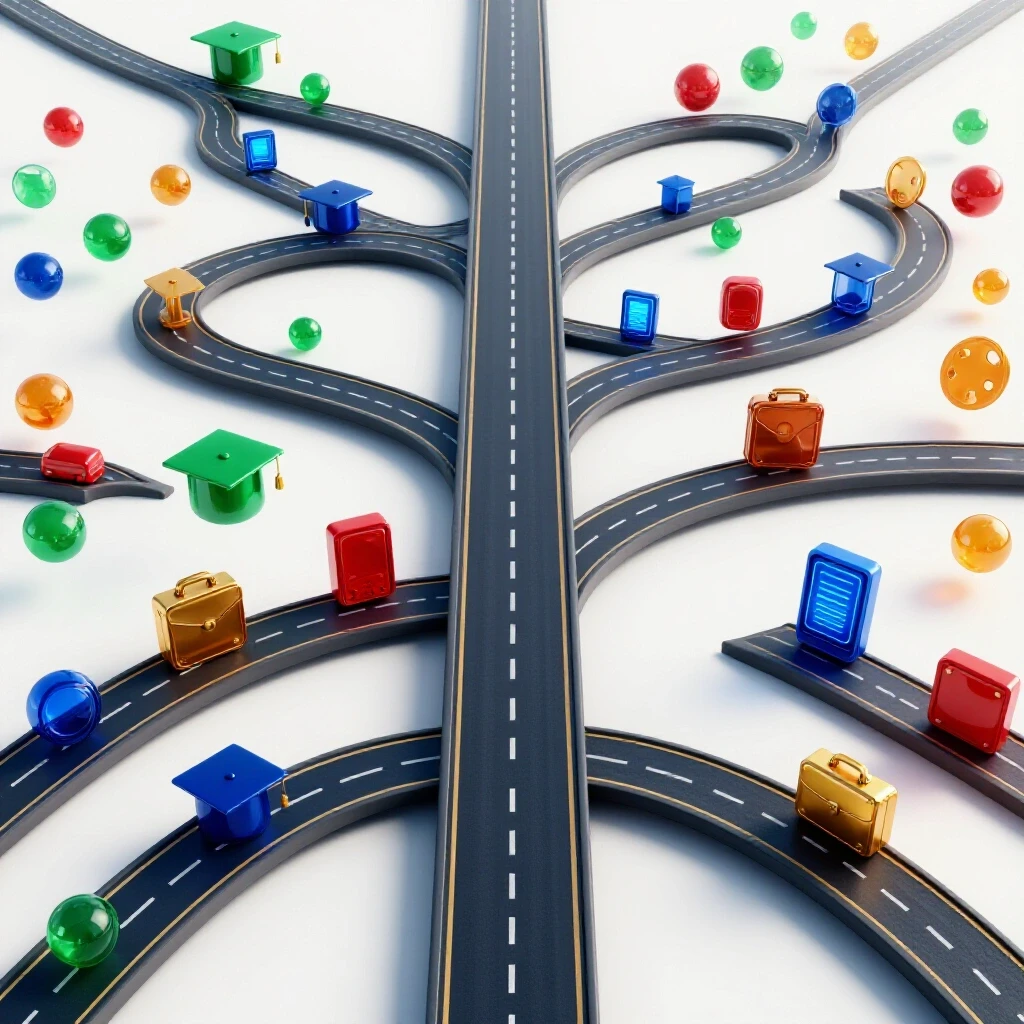 A branching road diverges from a crowded highway to vibrant destinations, symbolizing unique career paths.