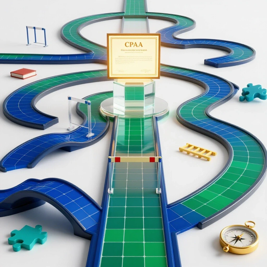 Glowing CPA certificate atop a pedestal with a winding, inventive path and symbolic obstacles on a bright background.