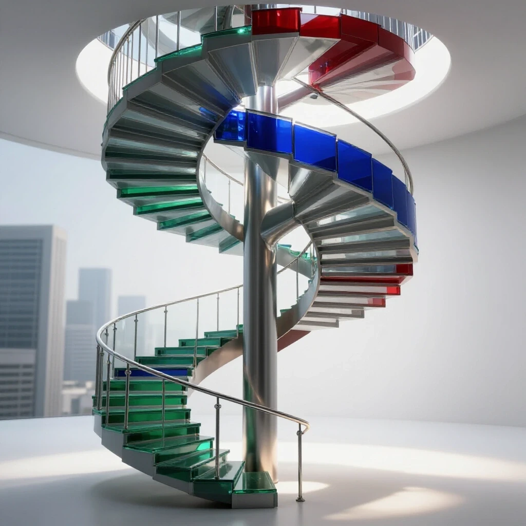 A vivid, winding staircase of deep royal blue, green, and red materials ascends toward light, bridging modern business and opportunity.
